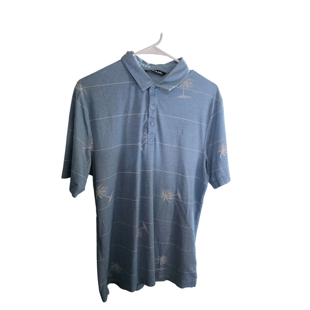Travis Mathew Mens Polo Shirt Blue Palm Tree Striped Golf Casual Size M